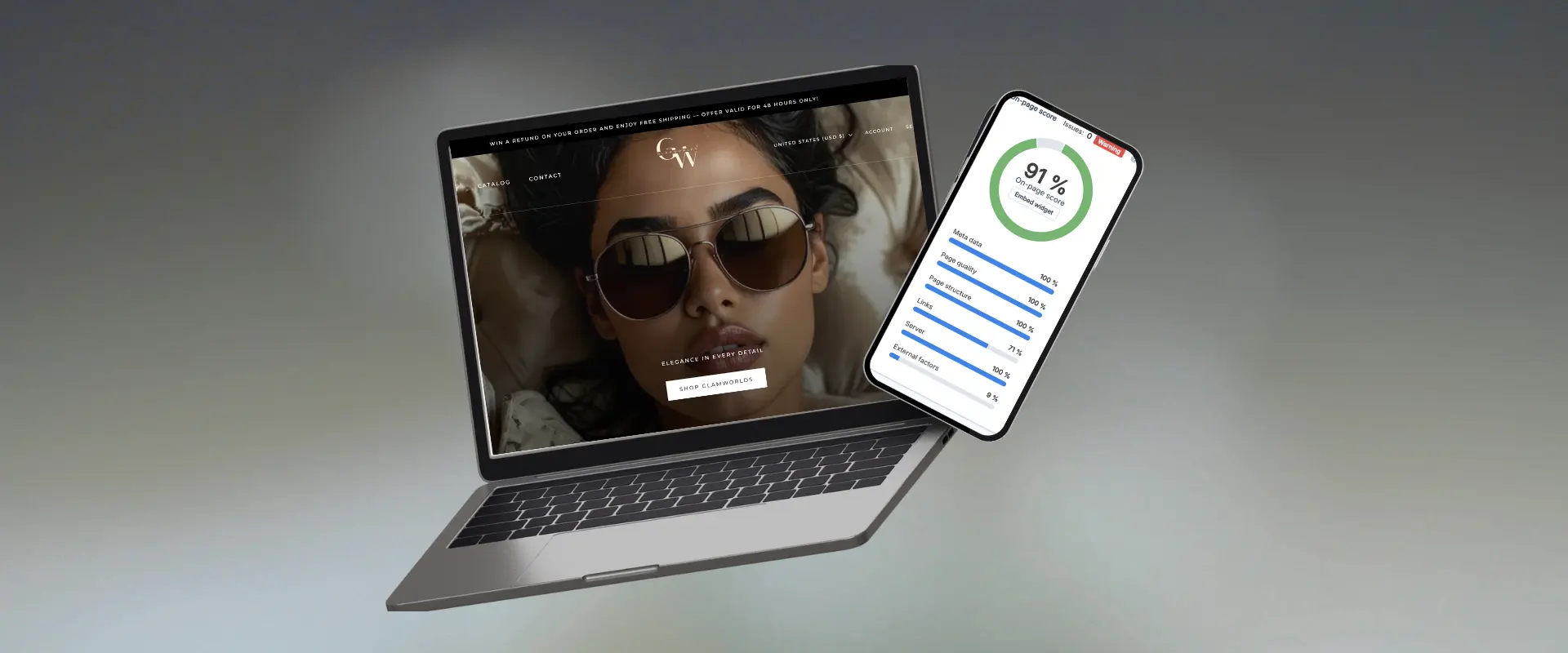 Optimisation SEO Shopify boutique beauté GlamWorlds score élevé