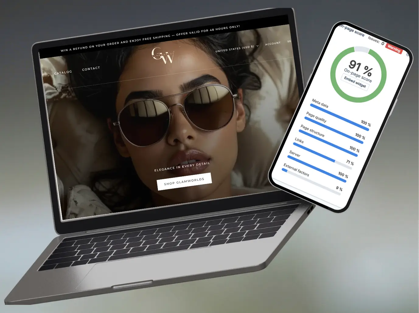 Optimisation SEO Shopify boutique beauté GlamWorlds score élevé