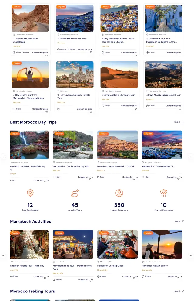 Page des circuits d'aventure Authentic Morocco Adventures avec galerie photo et contact