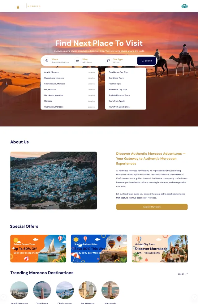 Page d'accueil du site Authentic Morocco Adventures refondu par CodeSommet, dédié aux voyages d'aventure