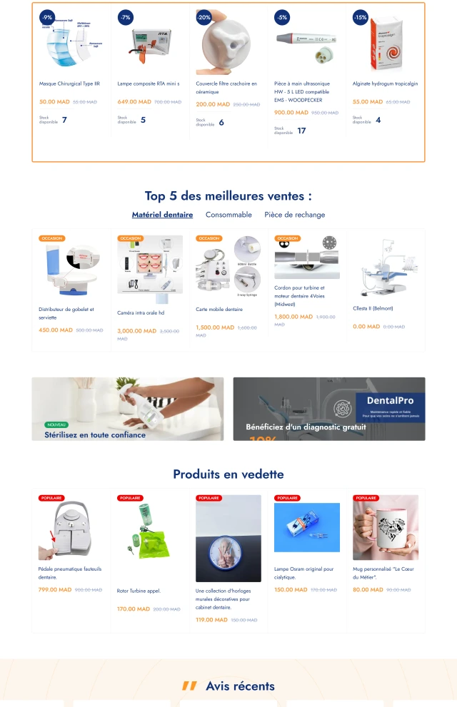 Fiche produit et tunnel de commande sécurisé de la plateforme e-commerce Dental Pro