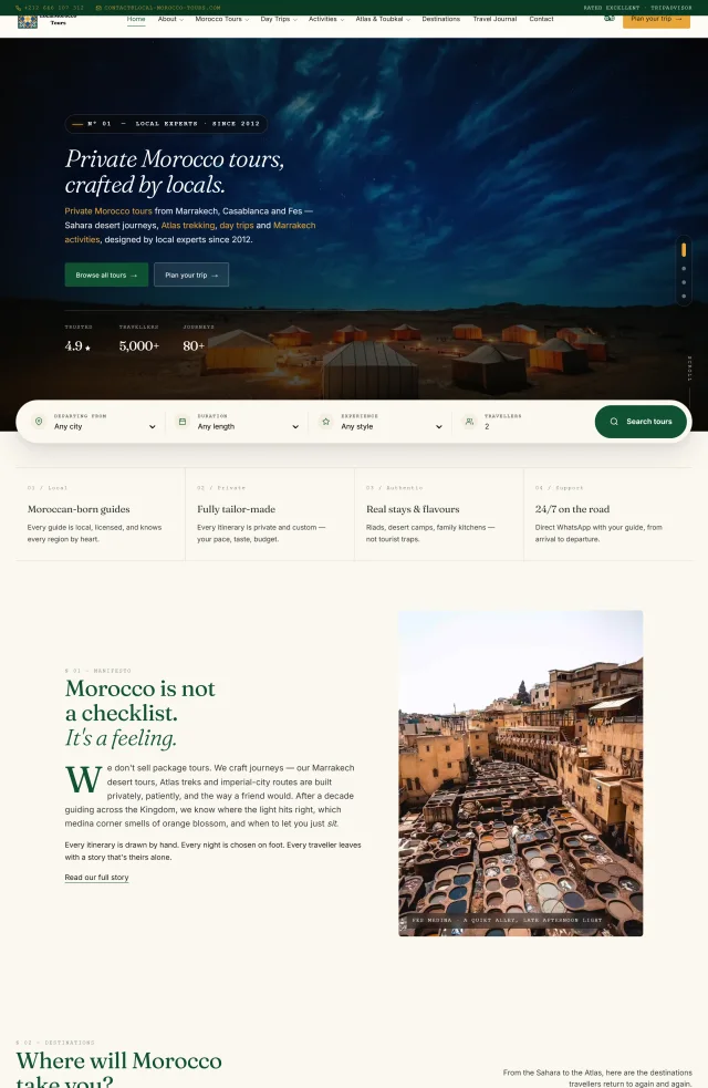Page d'accueil du site Local Morocco Tours conçu par CodeSommet, présentant les excursions guidées au Maroc