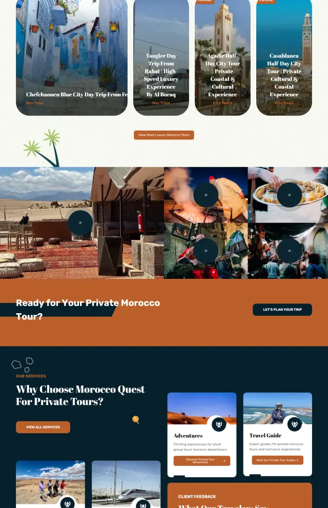 Page de détail d'un circuit sur le site Morocco Quest DMC, avec itinéraire et formulaire de réservation