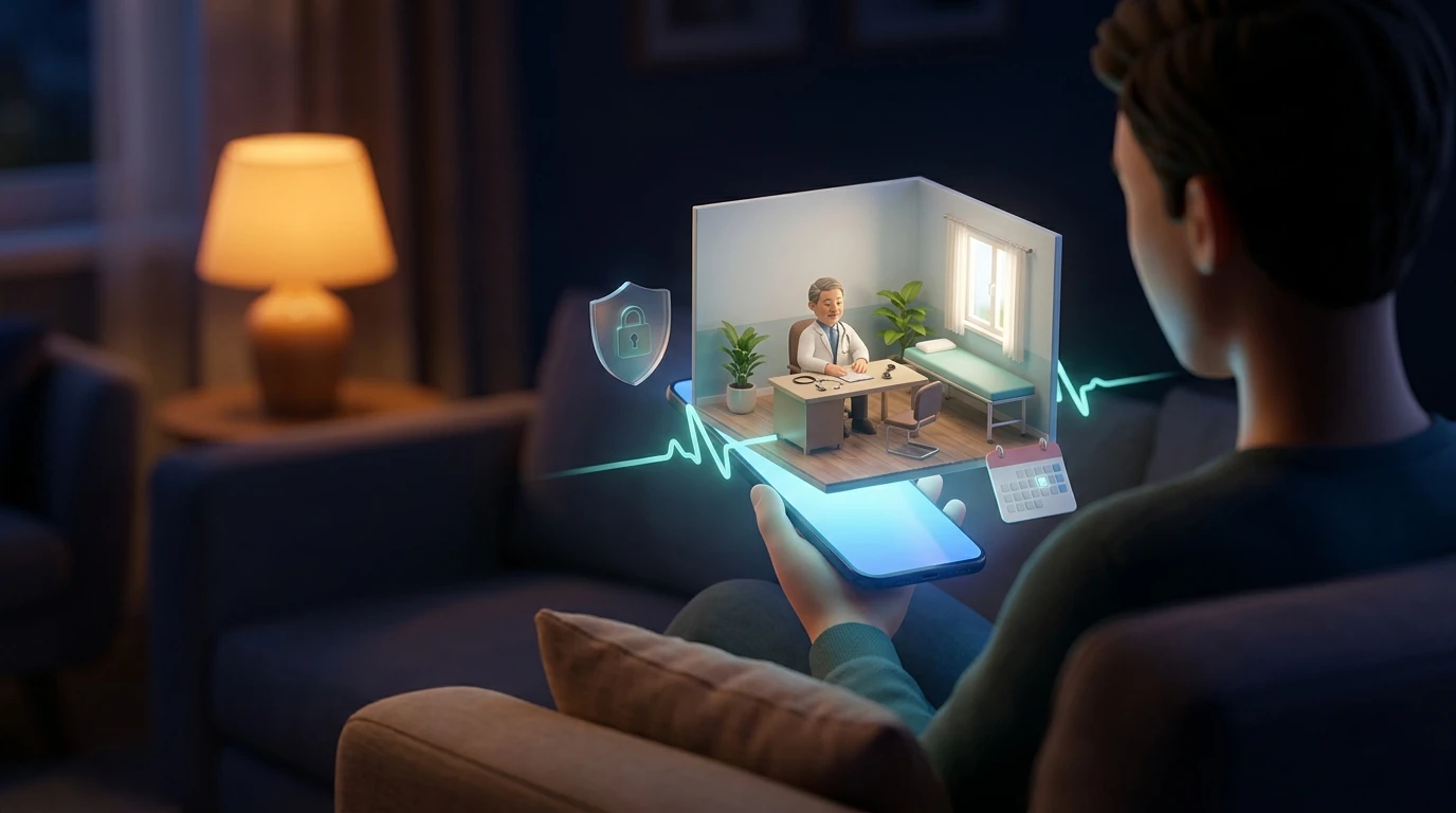 Patient en téléconsultation depuis son smartphone avec prise de rendez-vous en ligne et données sécurisées